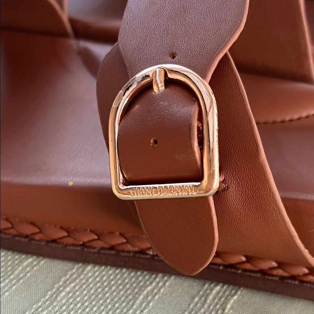 Giani Bernini Cognac Brown Double-Strap Slide Sandals with Gold Buckle Size 9
